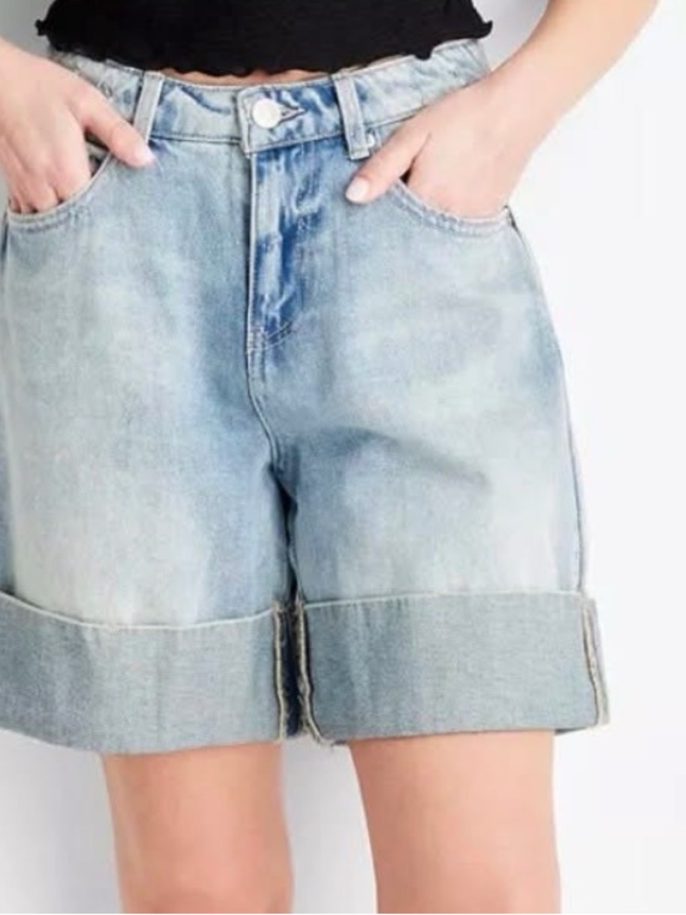 Future Collective Light Wash Denim Roll-Cuff Jean Shorts